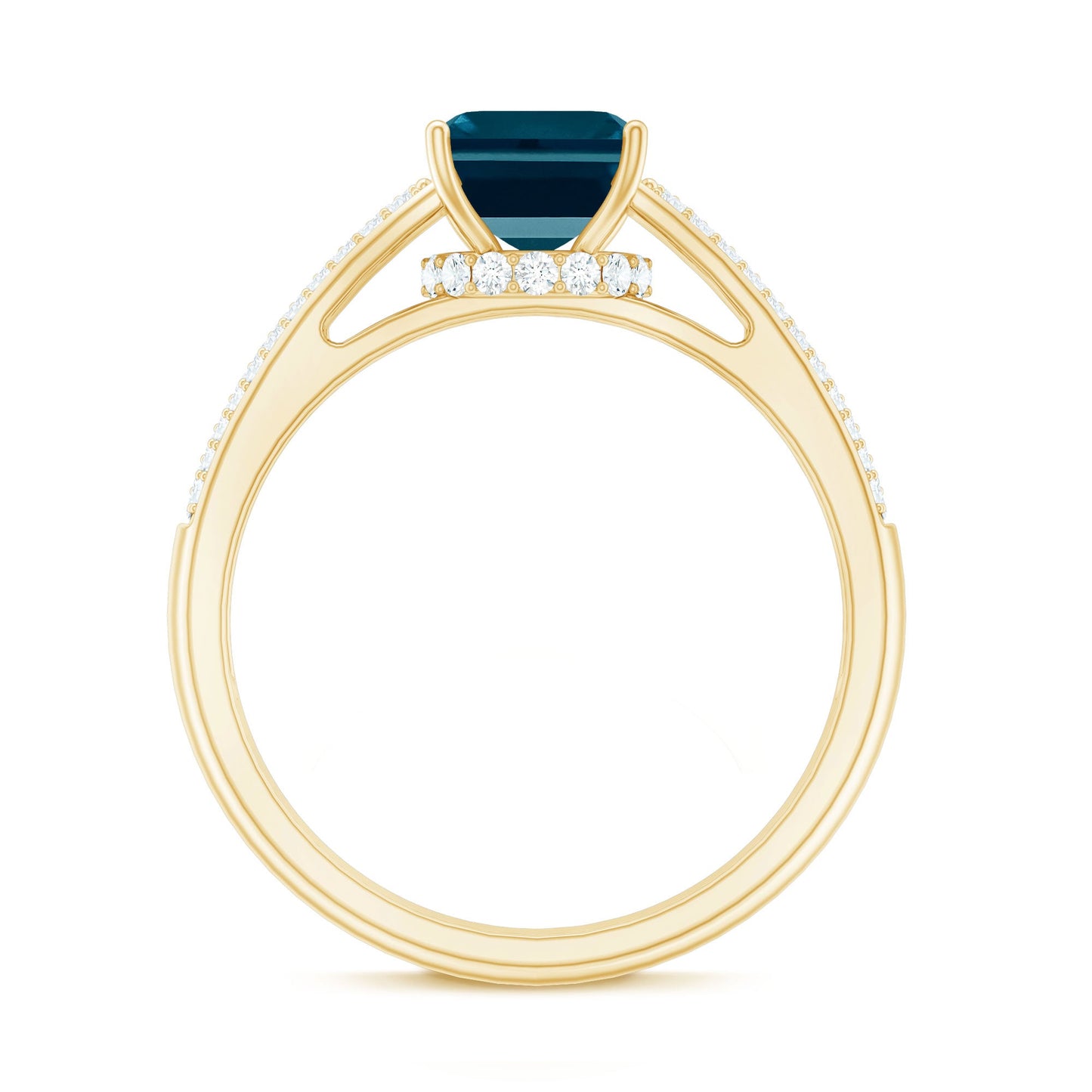 2.2 Carat Emerald Cut London Blue Topaz Side Stone Engagement Ring with Diamond