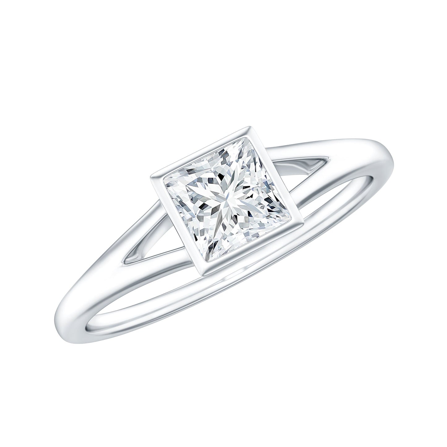 Bezel Set Princess Cut Moissanite Solitaire Promise Ring in Split Shank