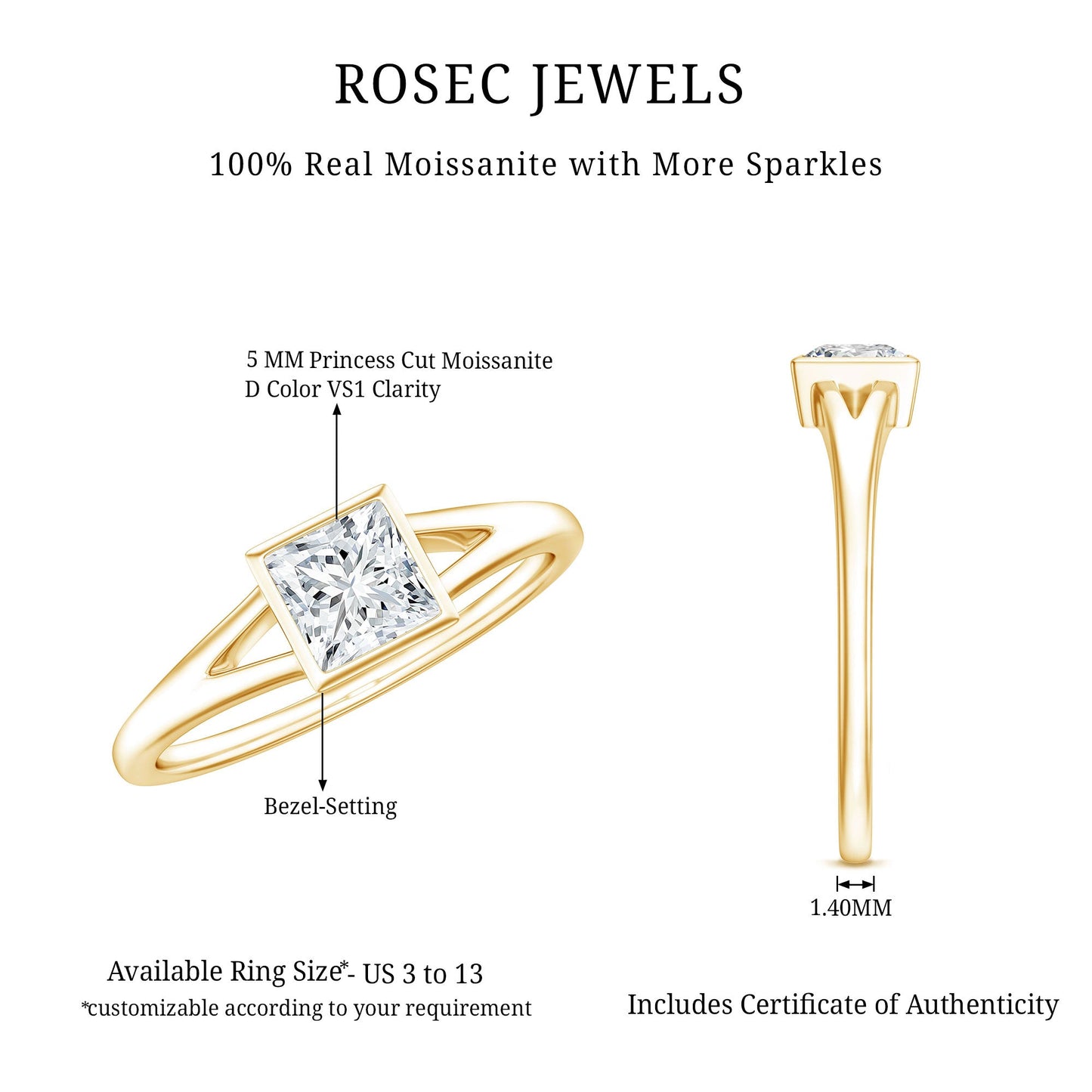 Bezel Set Princess Cut Moissanite Solitaire Promise Ring in Split Shank