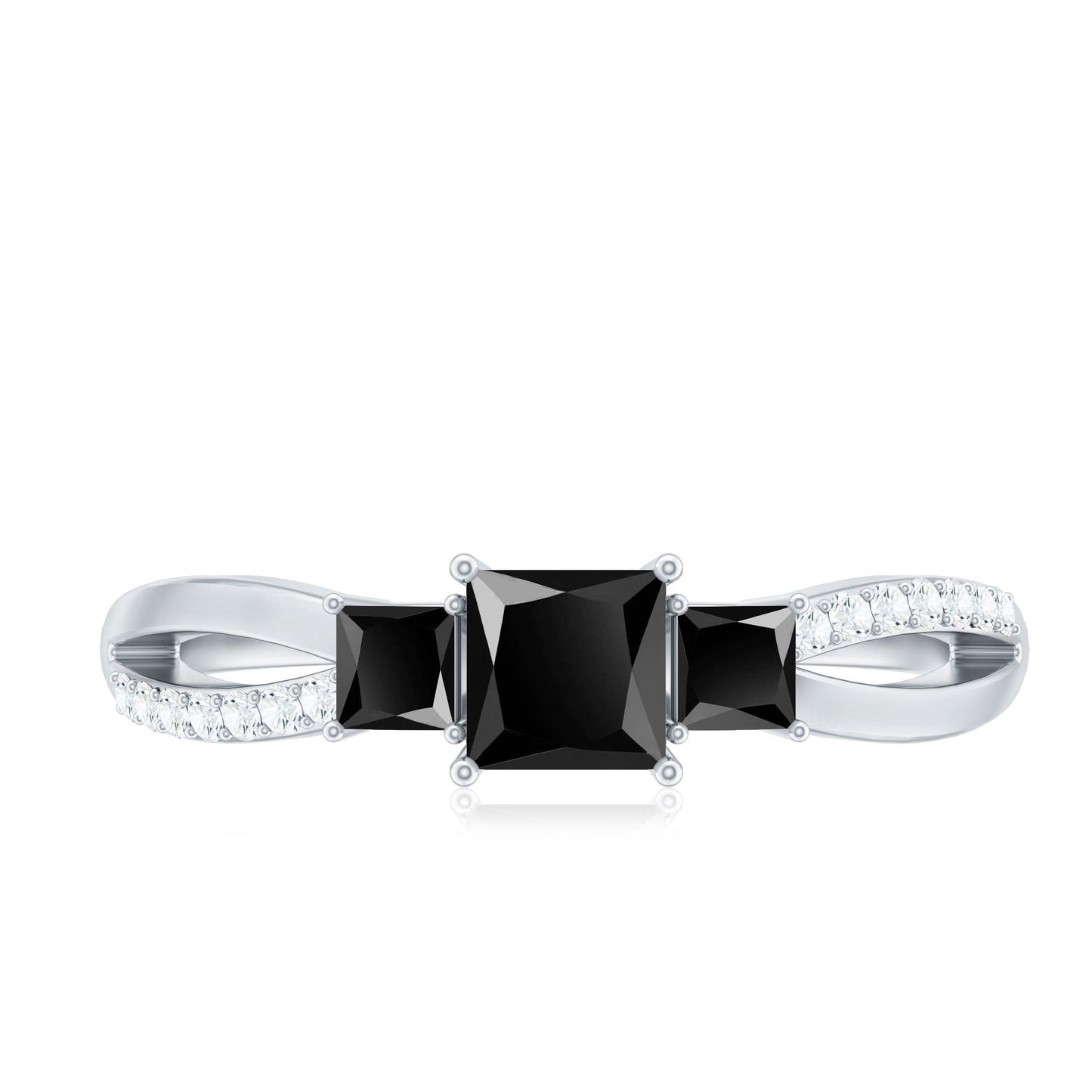 Princess Cut Black Onyx 3 Stone Promise Ring with Diamond
