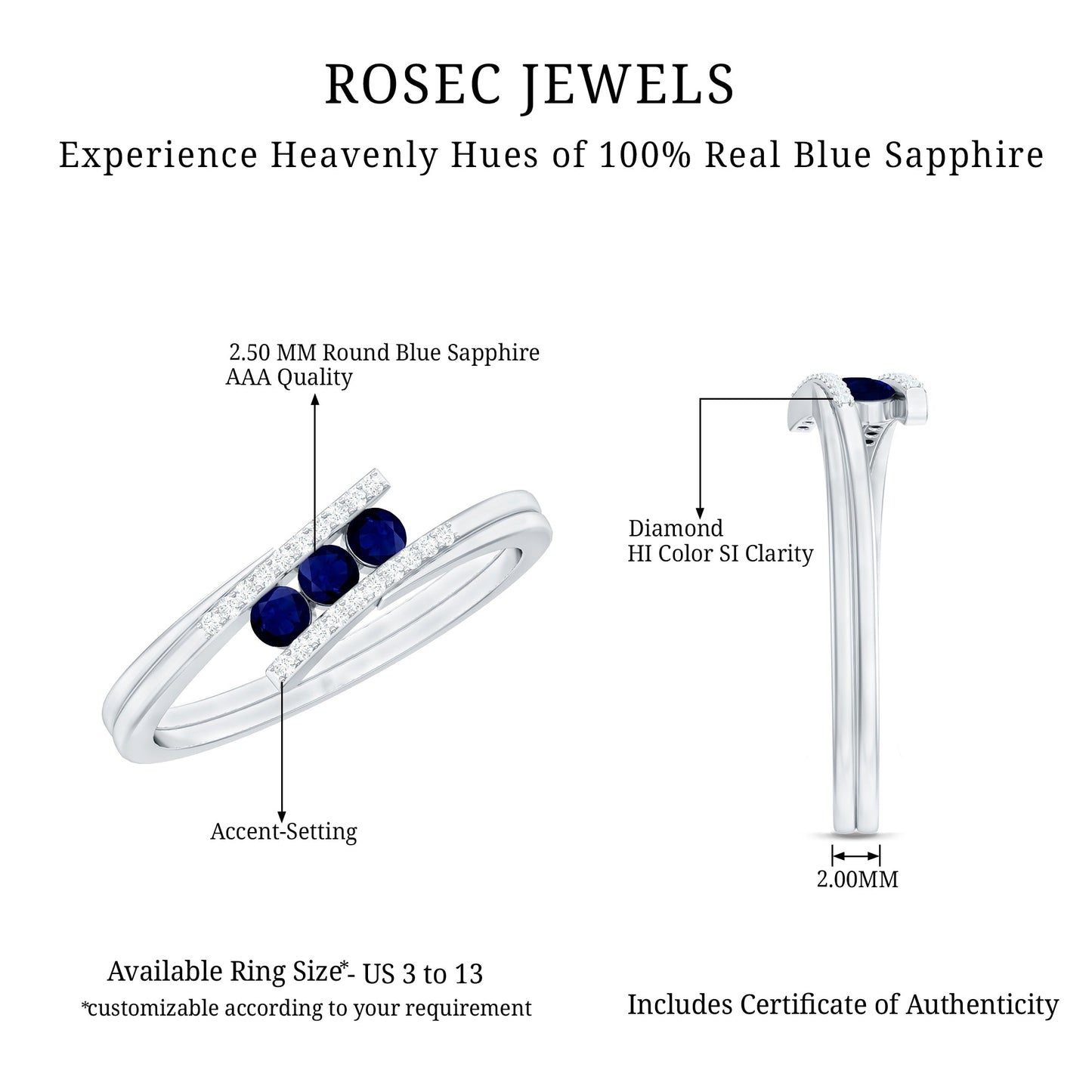 Natural Blue Sapphire 3 Stone Promise Ring with Diamond Bypass Shank