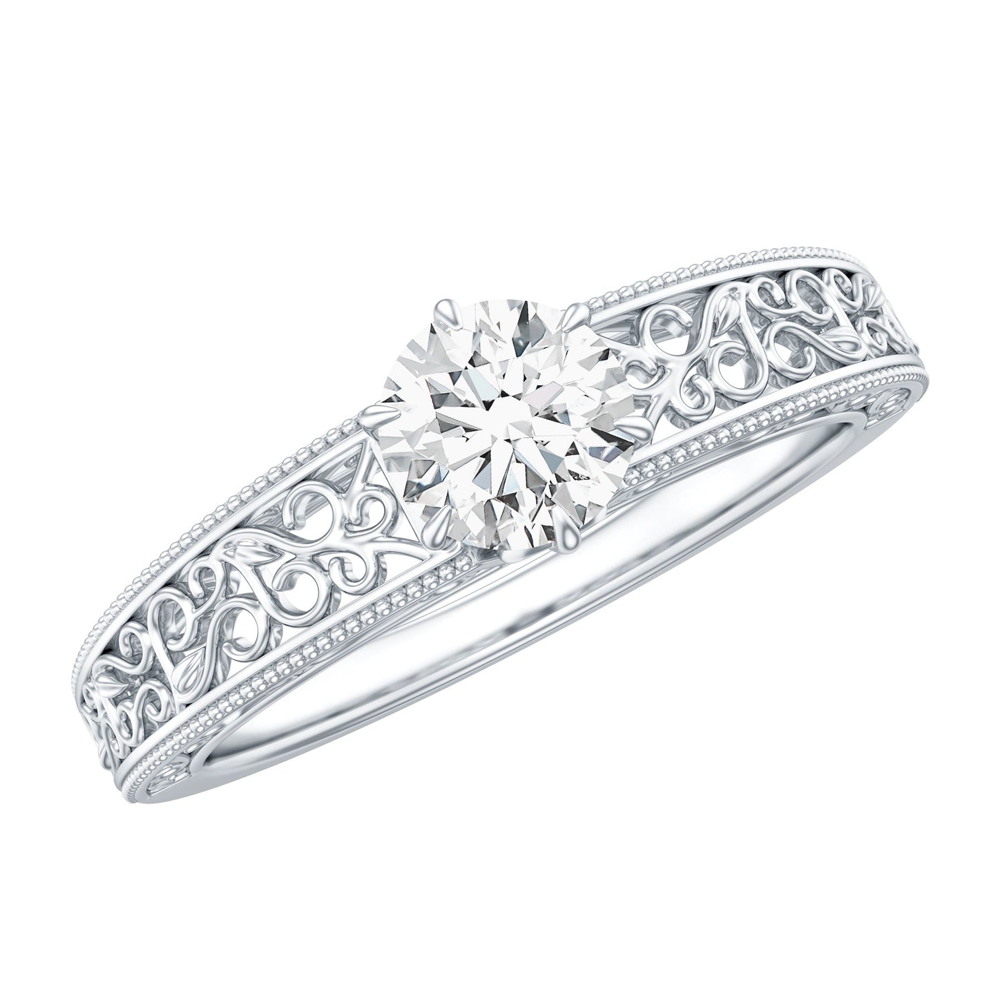 Round Cut Solitaire Moissanite Vintage Looking Engagement Ring