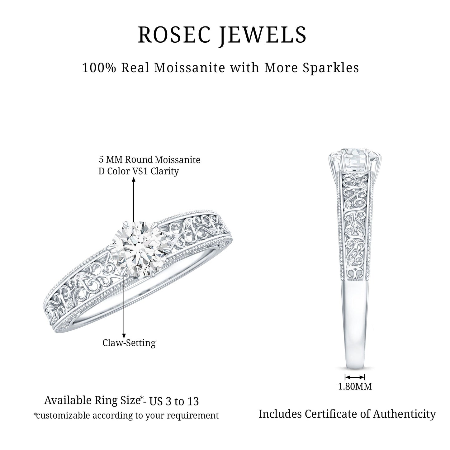 Round Cut Solitaire Moissanite Vintage Looking Engagement Ring
