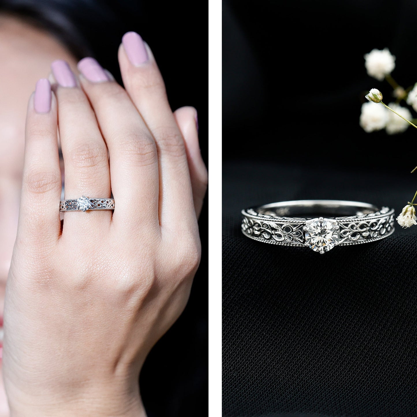 Round Cut Solitaire Moissanite Vintage Looking Engagement Ring