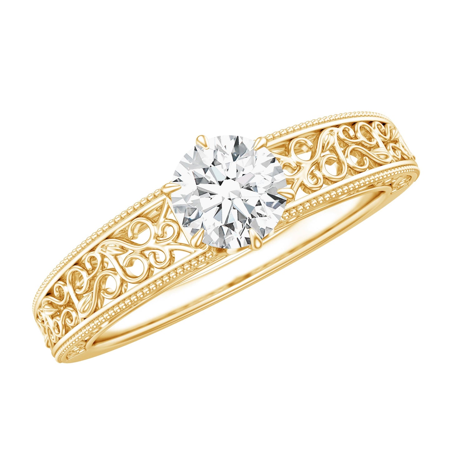 Round Cut Solitaire Moissanite Vintage Looking Engagement Ring