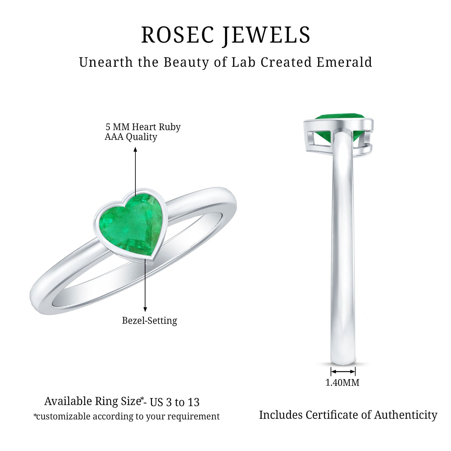 Real Emerald Heart Solitaire Ring in Bezel Setting