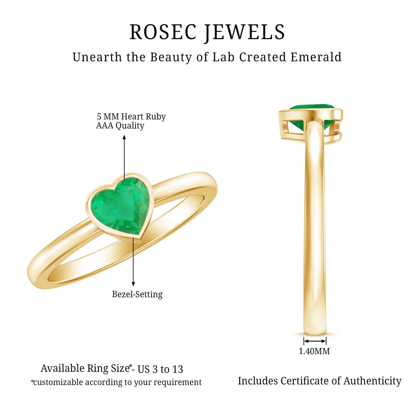 Real Emerald Heart Solitaire Ring in Bezel Setting