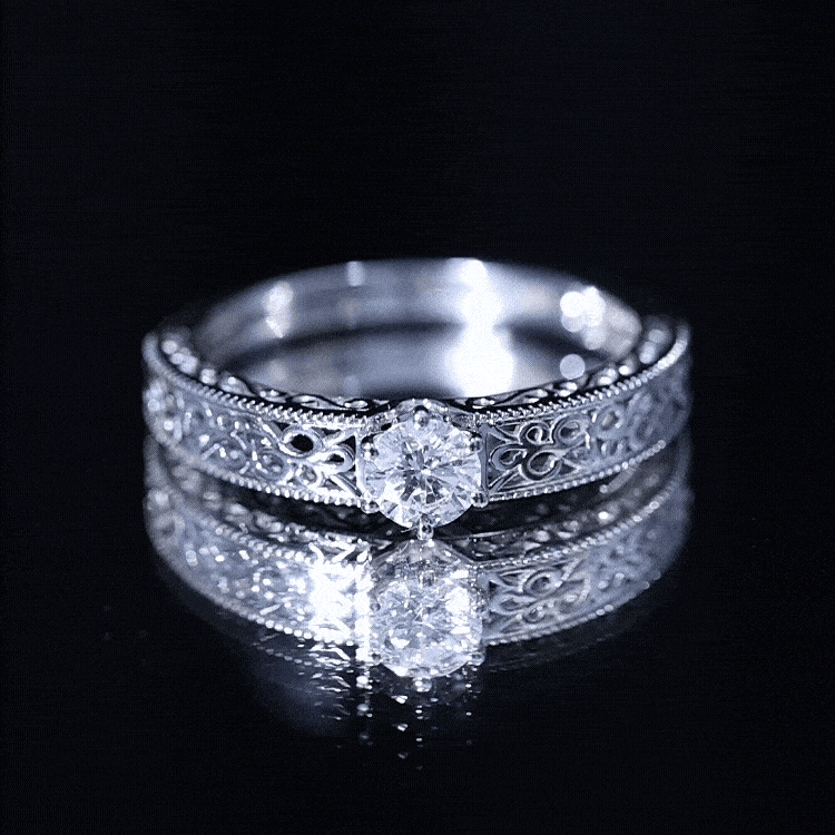 Round Cut Moissanite Solitaire Engagement Ring with Filigree Band