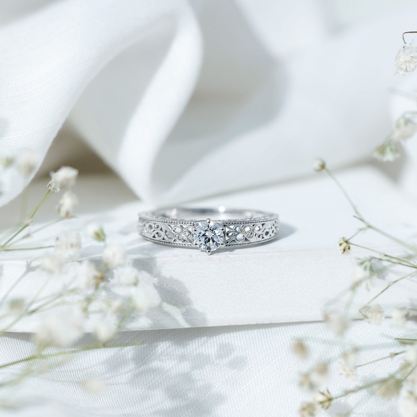 Round Cut Moissanite Solitaire Engagement Ring with Filigree Band