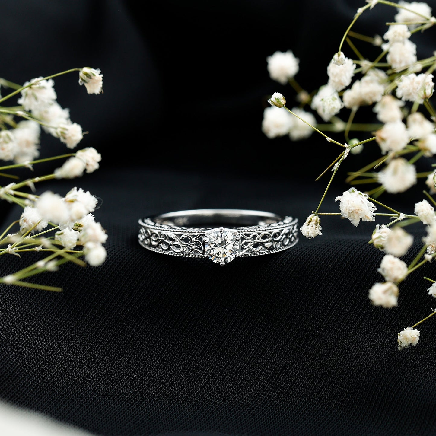 Round Cut Moissanite Solitaire Engagement Ring with Filigree Band