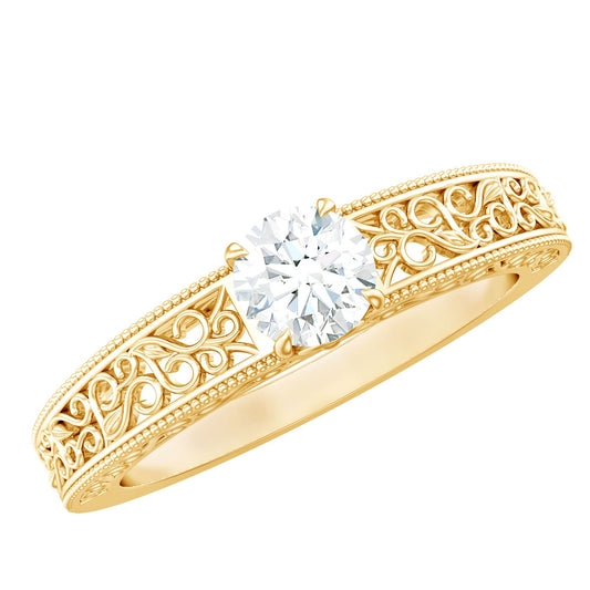 Round Cut Moissanite Solitaire Engagement Ring with Filigree Band