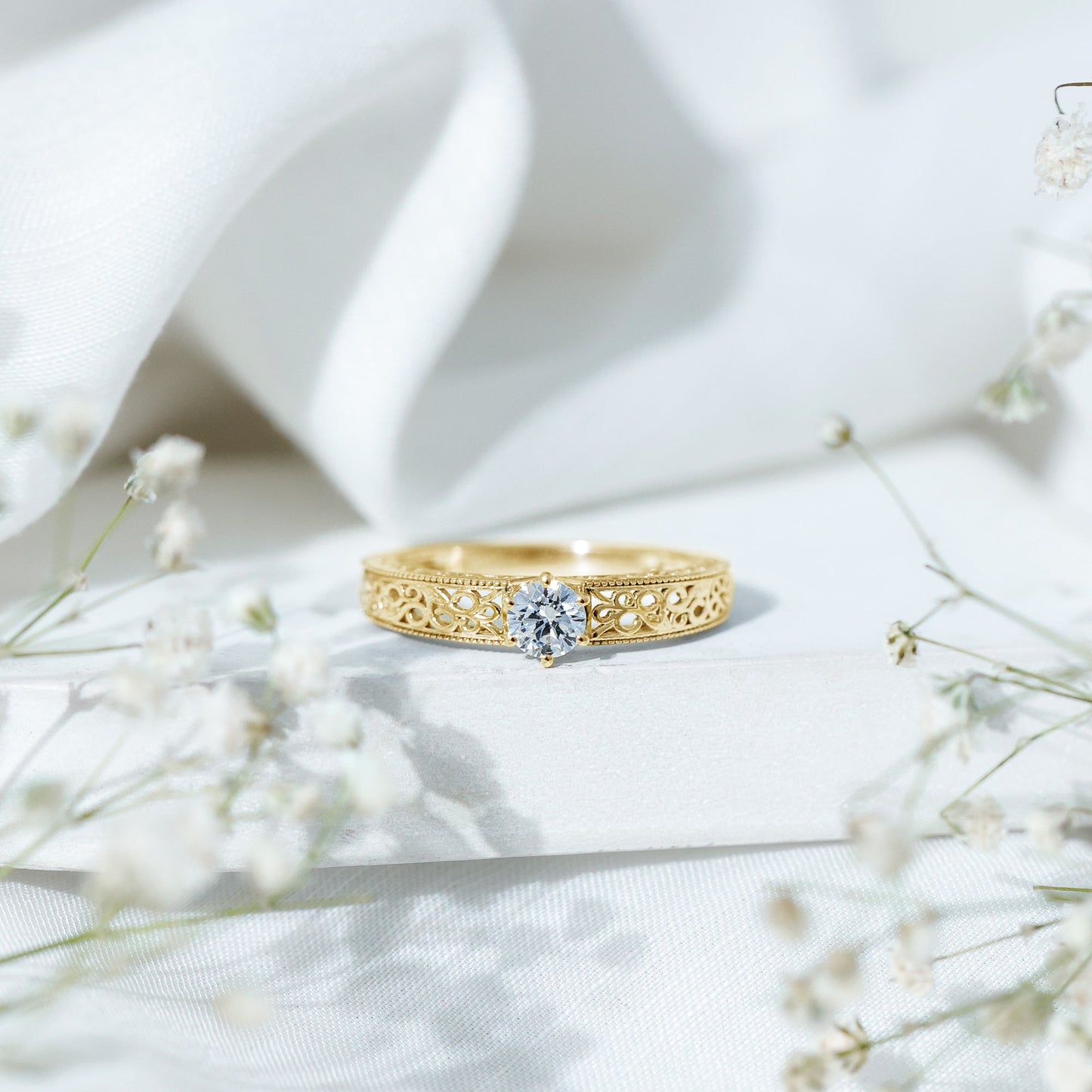 Round Cut Moissanite Solitaire Engagement Ring with Filigree Band
