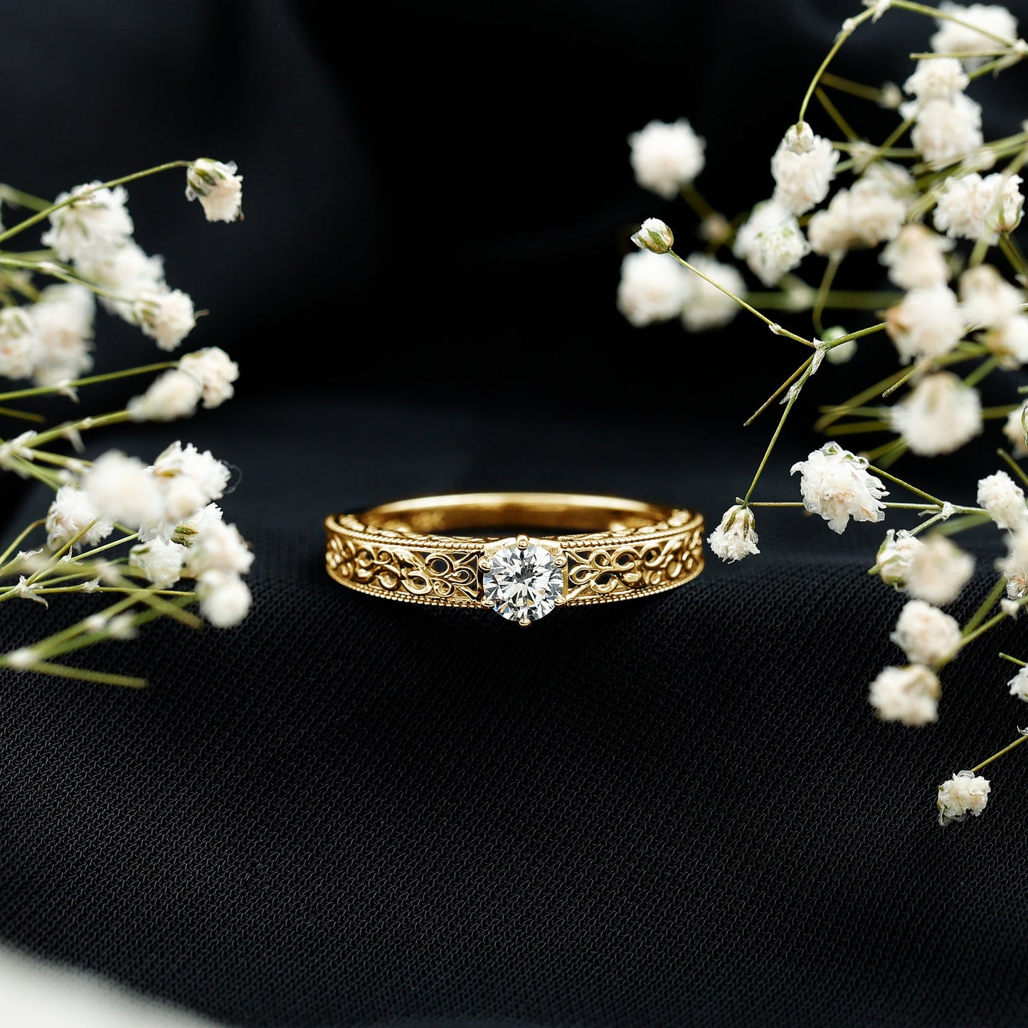 Round Cut Moissanite Solitaire Engagement Ring with Filigree Band