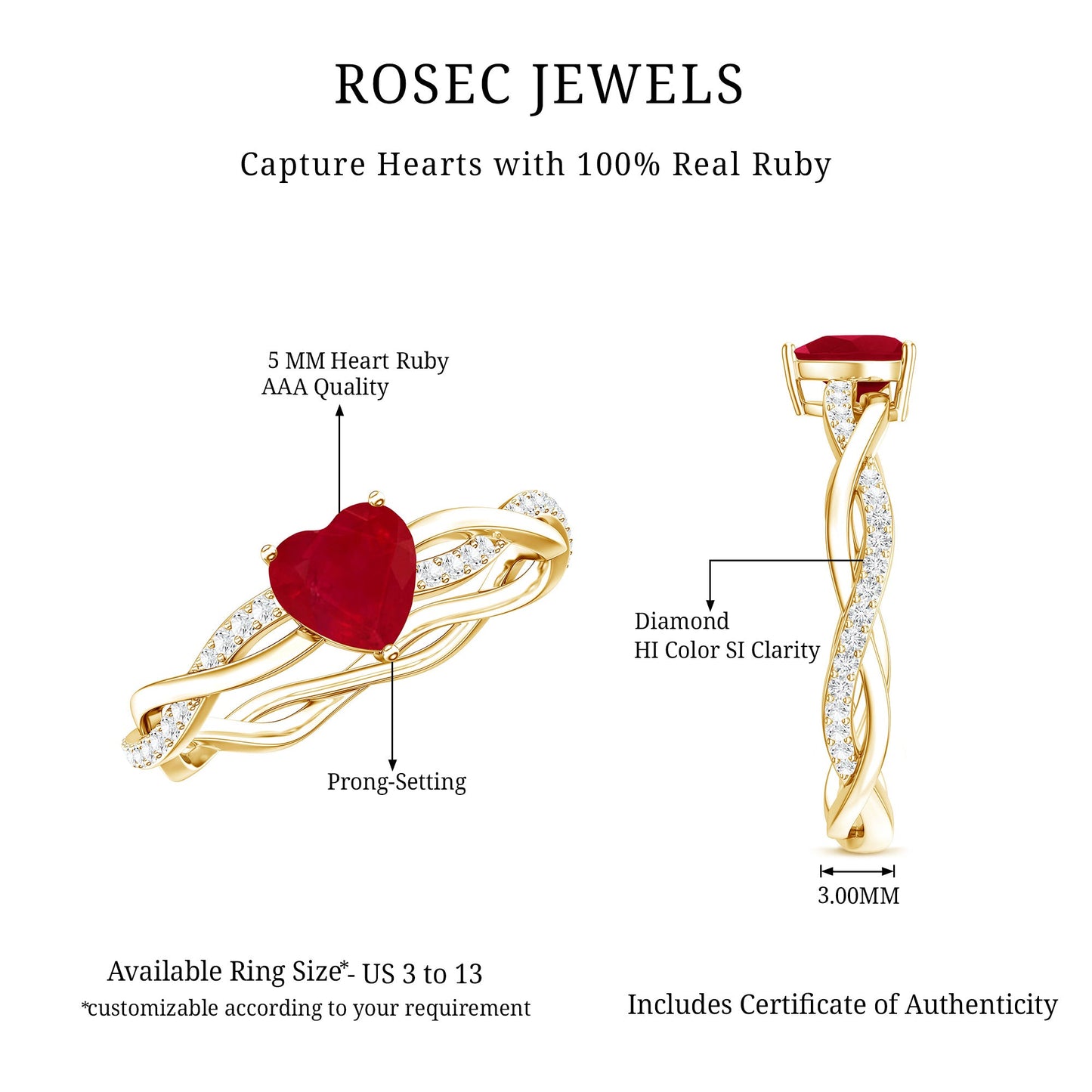 Natural 0.6 Carat Ruby Heart Engagement Ring with Diamond Braided Shank