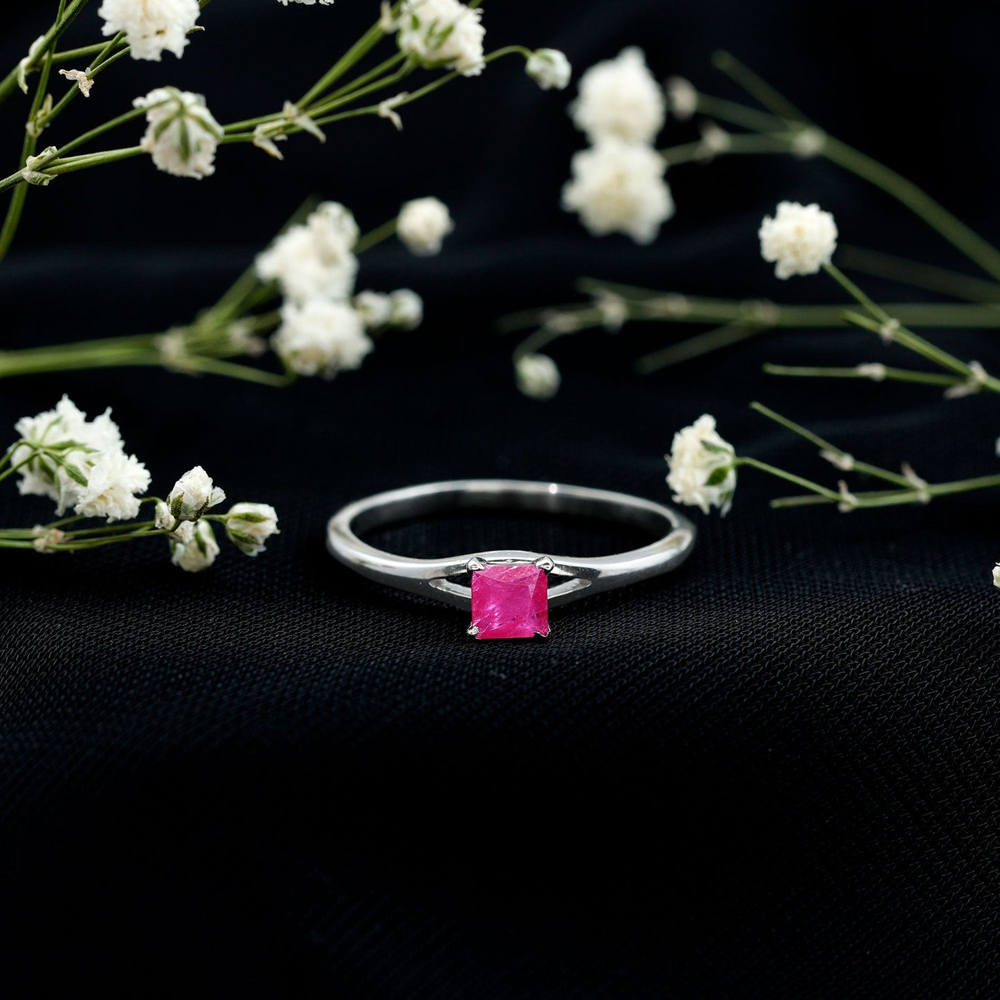 Natural Half Carat Princess Cut Ruby Promise Ring with Split Shank