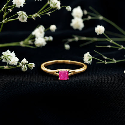 Natural Half Carat Princess Cut Ruby Promise Ring with Split Shank
