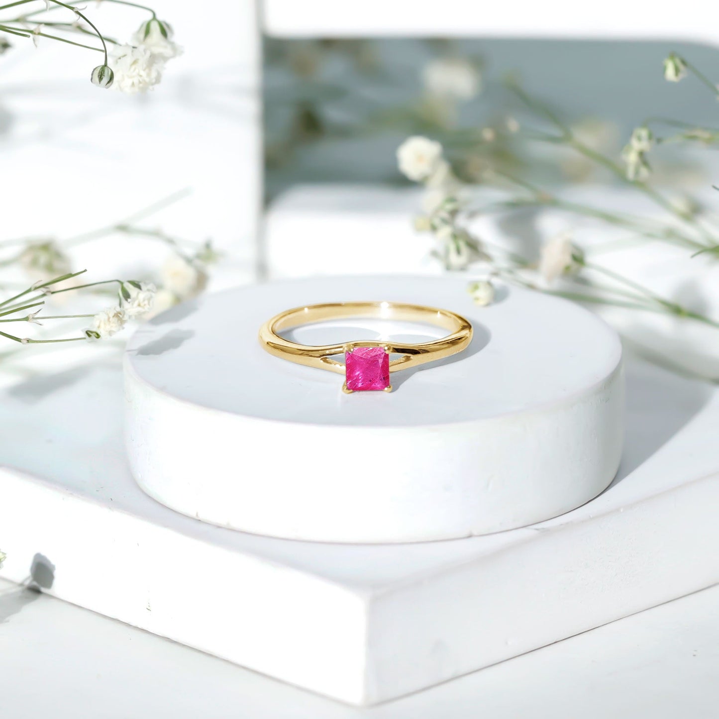 Natural Half Carat Princess Cut Ruby Promise Ring with Split Shank