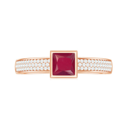 Natural 0.8 Carat Ruby Princess Cut Engagement Ring with Diamond