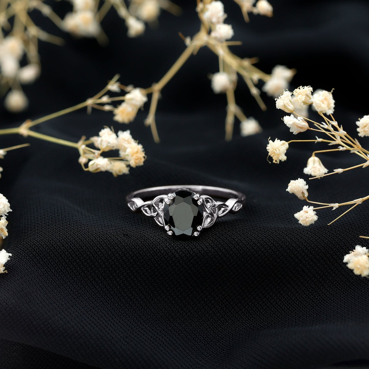 Natural 1.7 Carat Black Onyx Oval Engagement Ring with Celtic Knot