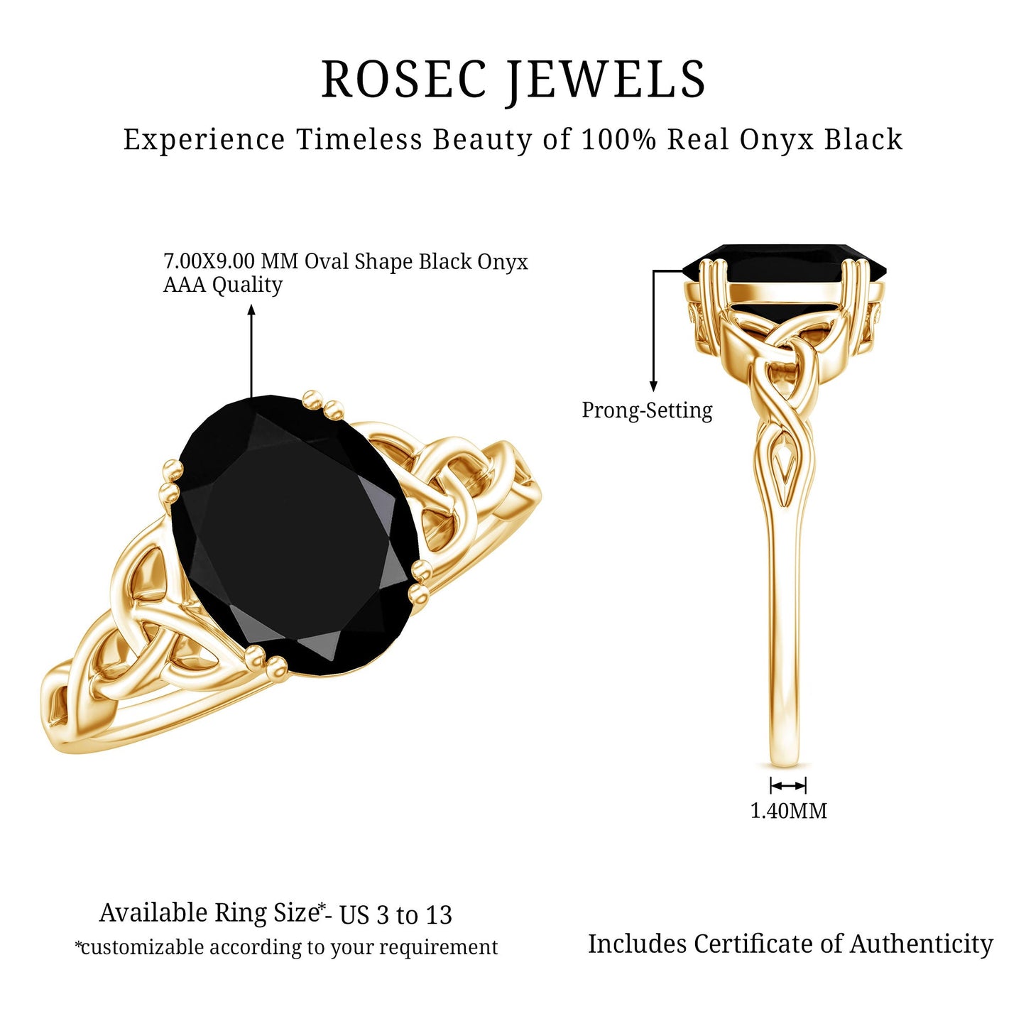 Natural 1.7 Carat Black Onyx Oval Engagement Ring with Celtic Knot