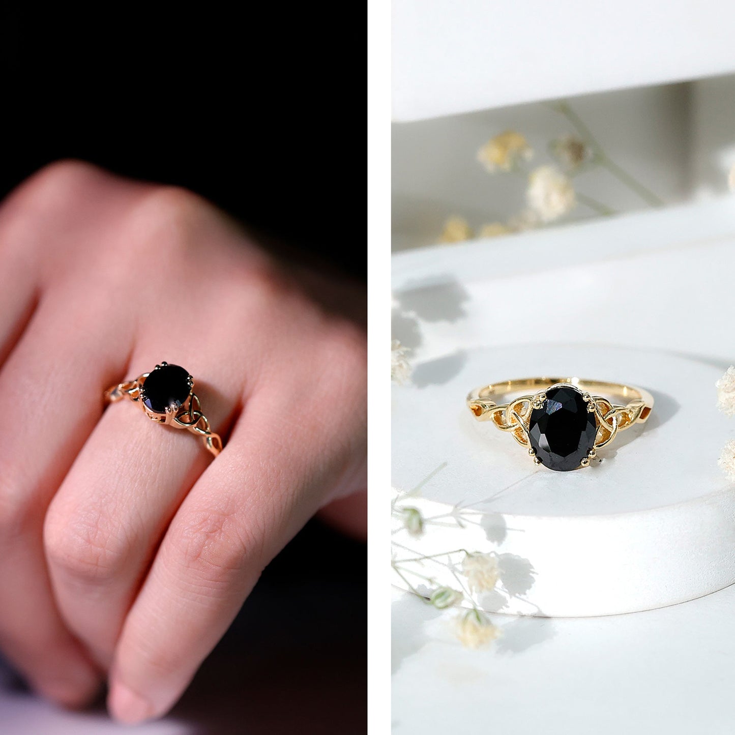 Natural 1.7 Carat Black Onyx Oval Engagement Ring with Celtic Knot