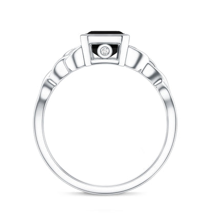 Emerald Cut Black Onyx Bezel Set Engagement Ring with Surprise Diamond