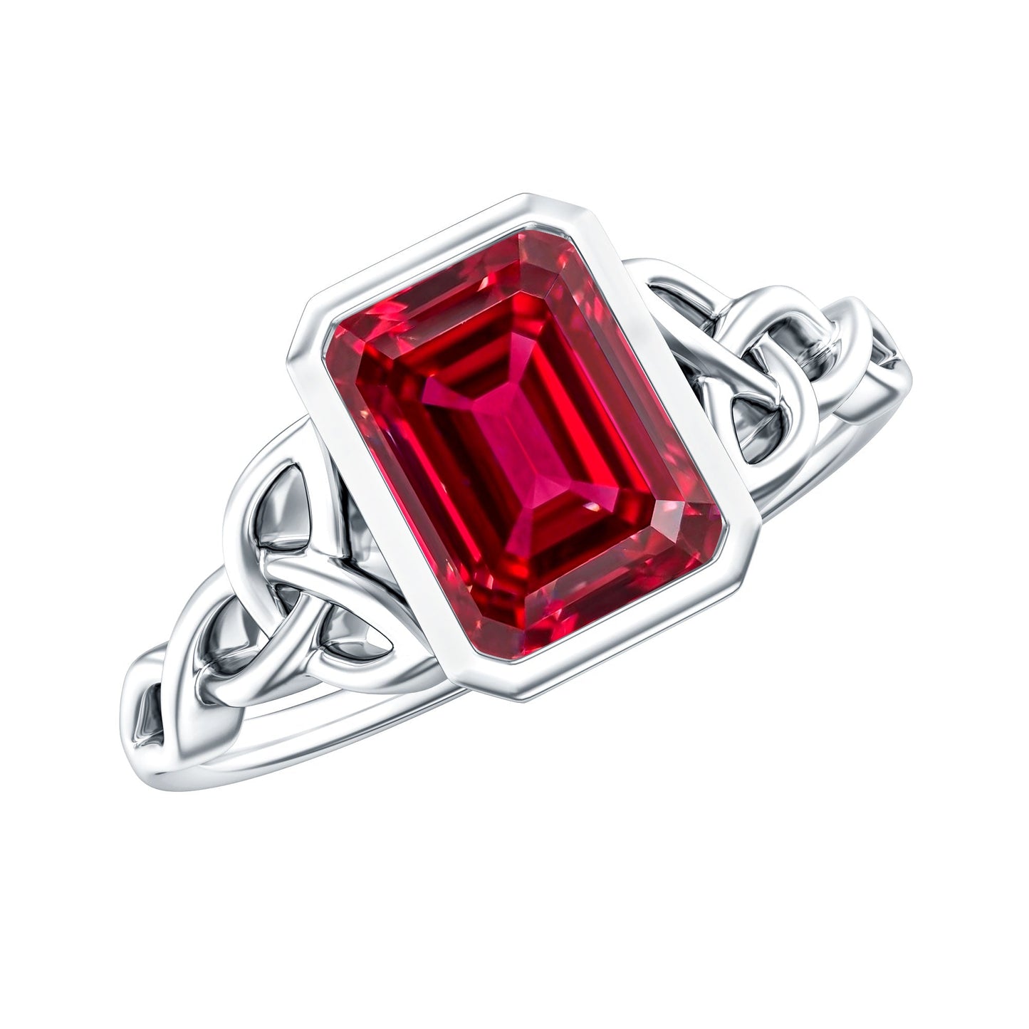 Bezel Set Emerald Cut Lab Created Ruby Celtic Engagement Ring