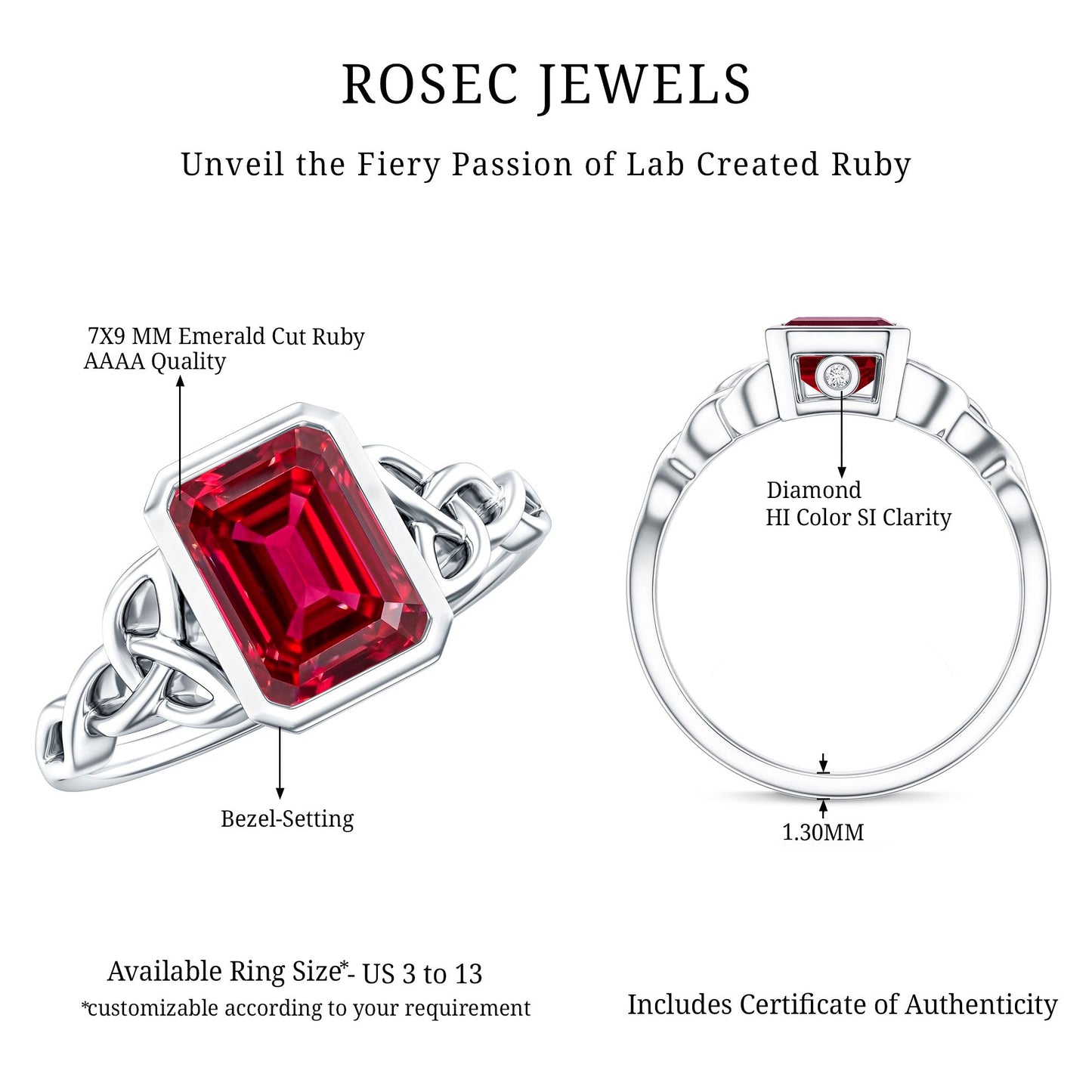 Bezel Set Emerald Cut Lab Created Ruby Celtic Engagement Ring