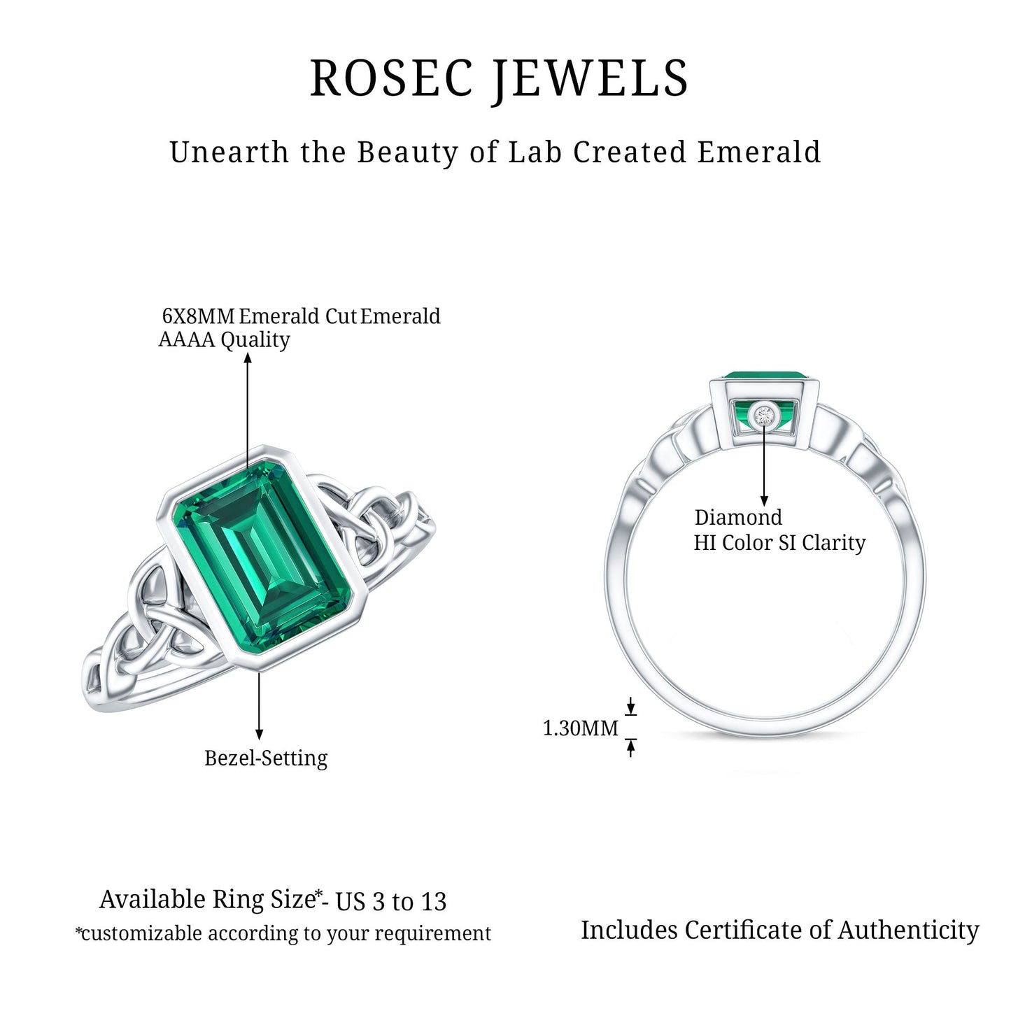 Certified Lab Grown Emerald Cut Emerald Engagement Ring with Celtic Knot
