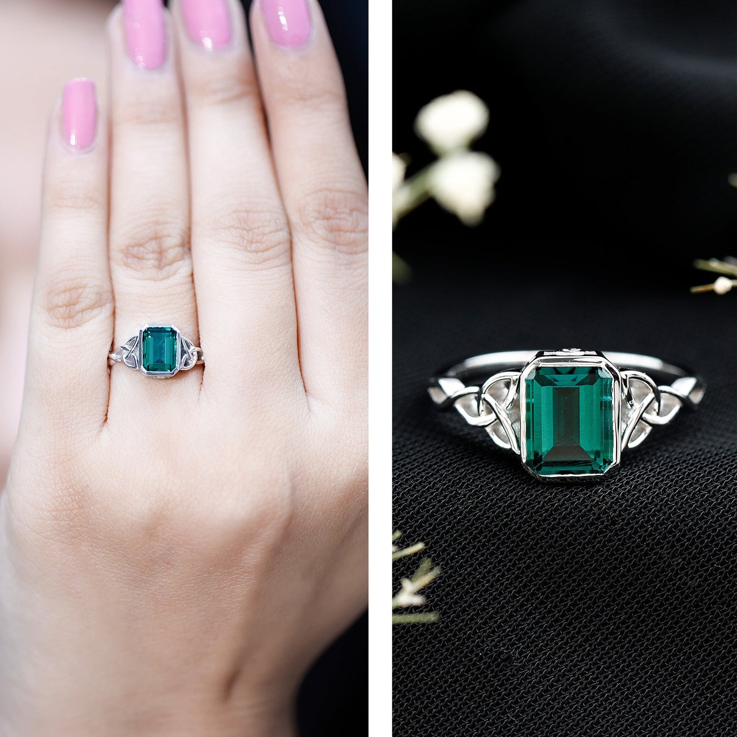 Certified Lab Grown Emerald Cut Emerald Engagement Ring with Celtic Knot