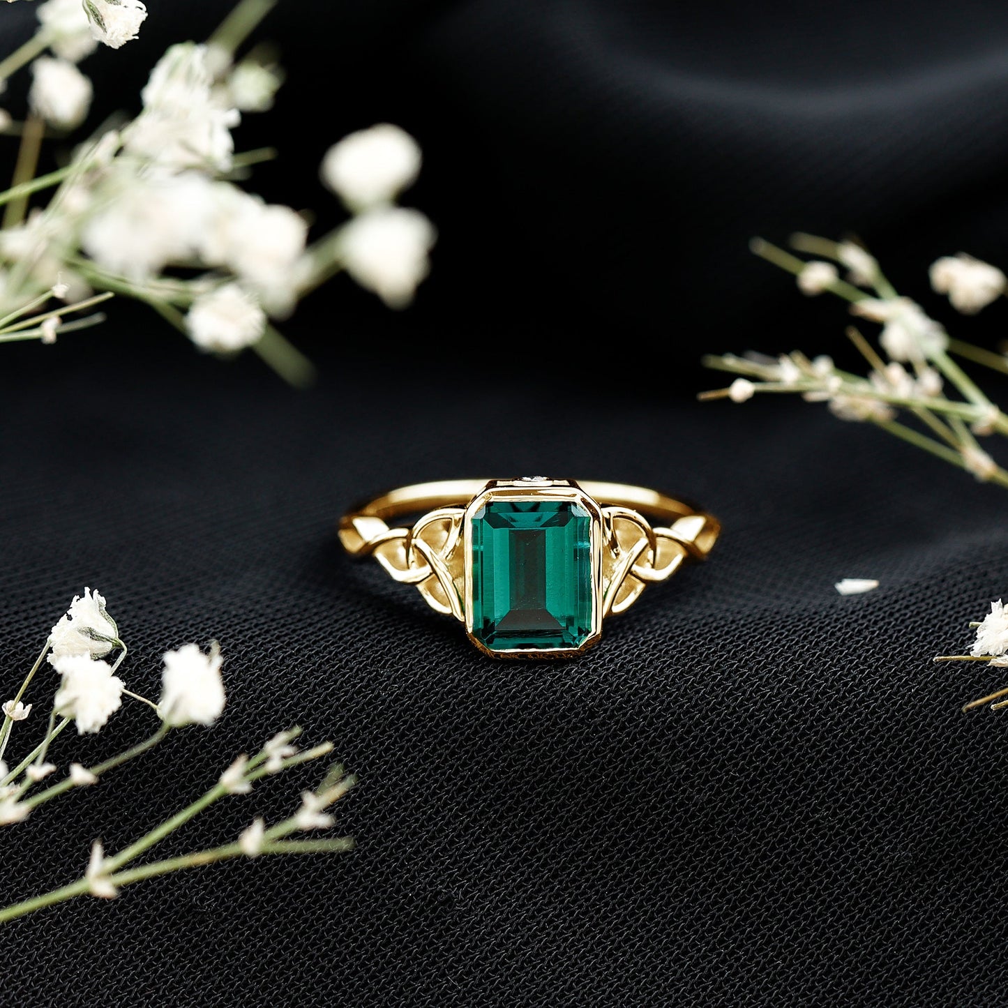 Certified Lab Grown Emerald Cut Emerald Engagement Ring with Celtic Knot