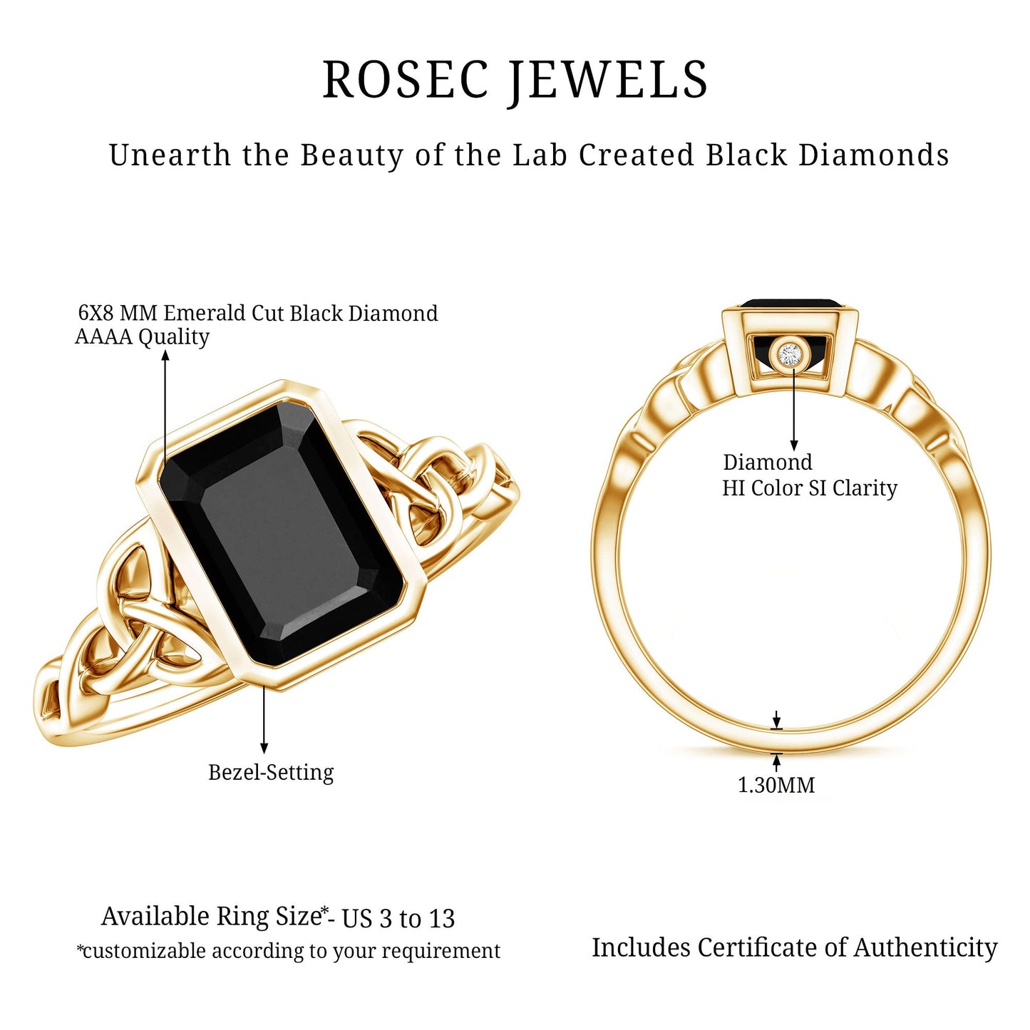 1.6 Carat Lab Grown Black Diamond Celtic Knot Engagement Ring with Surprise White Diamond