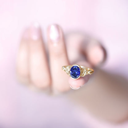 Certified 4 Carat Oval Lab Grown Blue Sapphire Bezel Set Engagement Ring