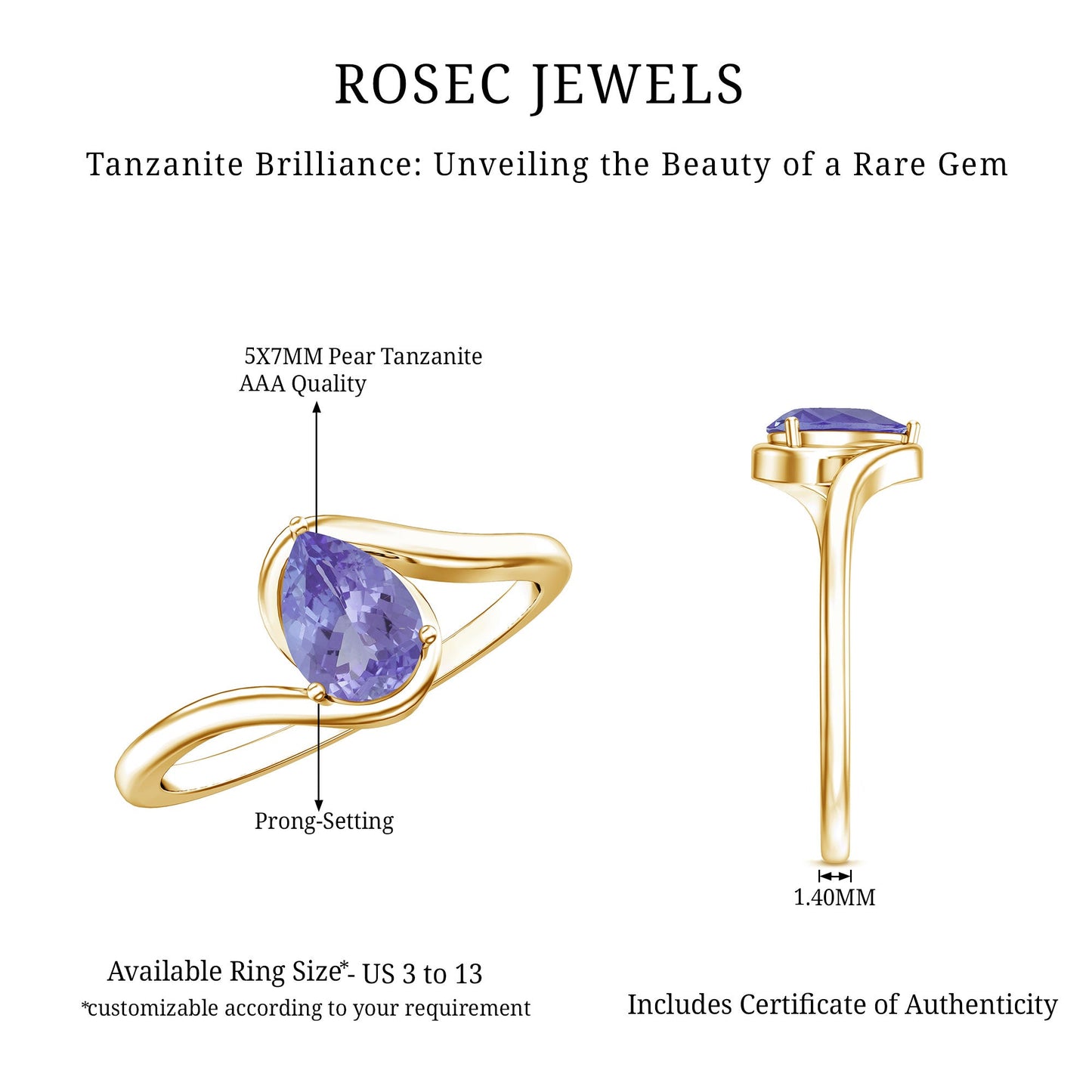 Natural Tanzanite Solitaire Engagement Ring with Bypass Shank