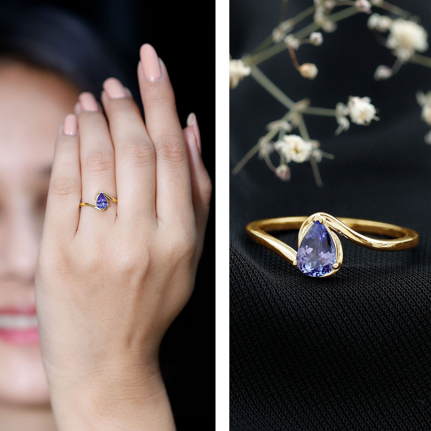 Natural Tanzanite Solitaire Engagement Ring with Bypass Shank