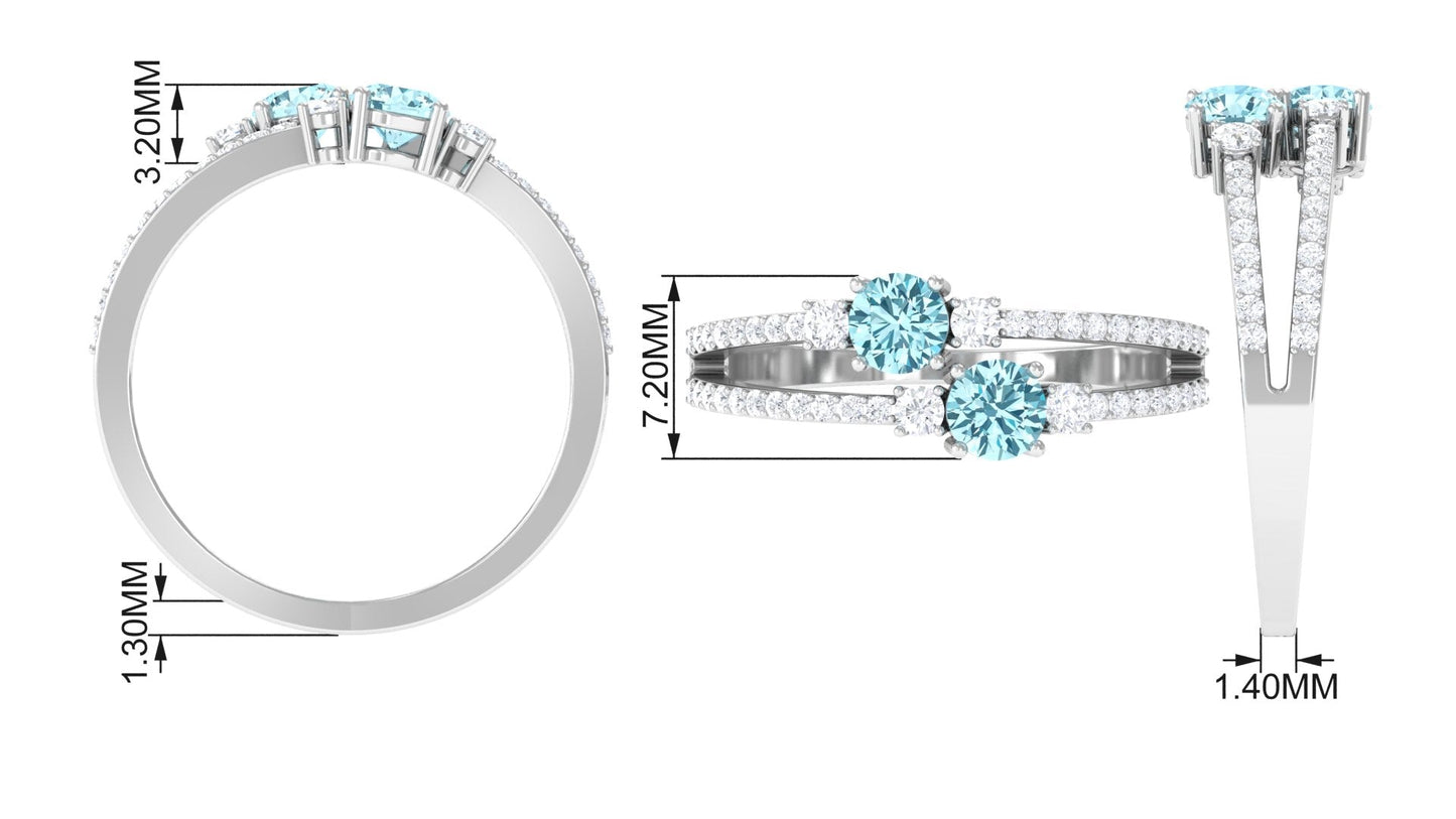 Natural Aquamarine Diamond 2 Stone Promise Ring with Split Shank
