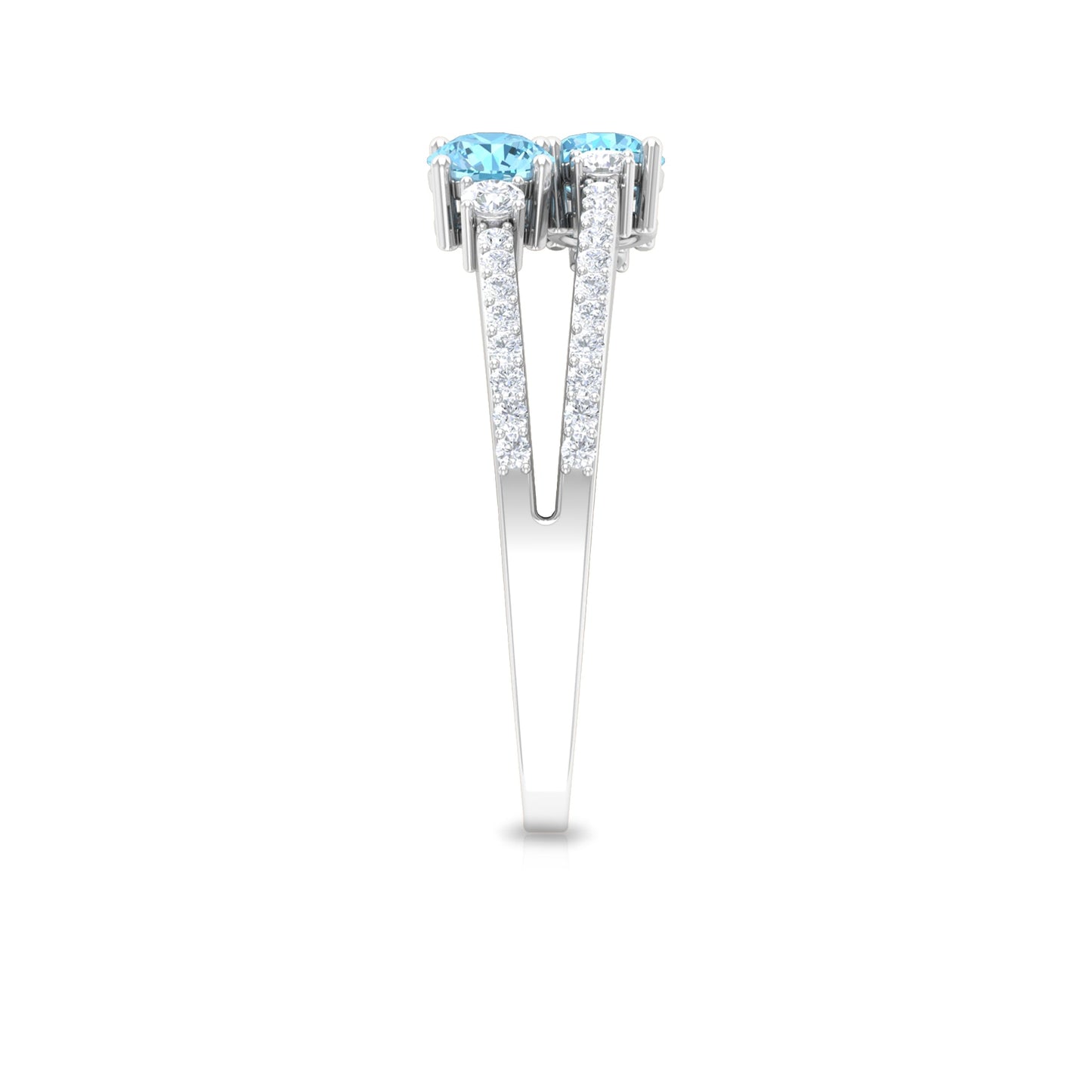 Natural Aquamarine Diamond 2 Stone Promise Ring with Split Shank