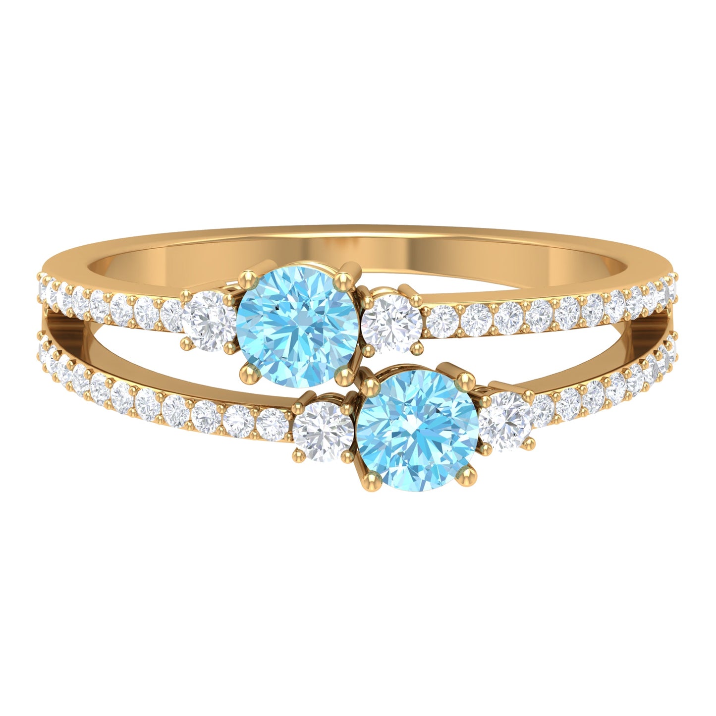 Natural Aquamarine Diamond 2 Stone Promise Ring with Split Shank