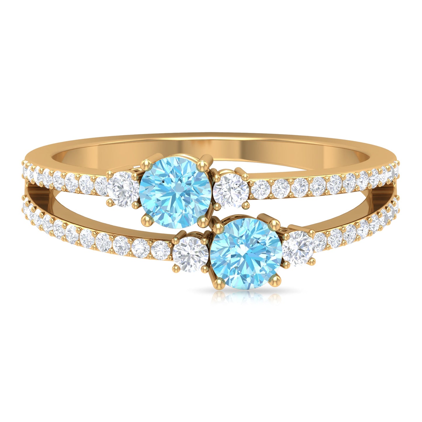 Natural Aquamarine Diamond 2 Stone Promise Ring with Split Shank