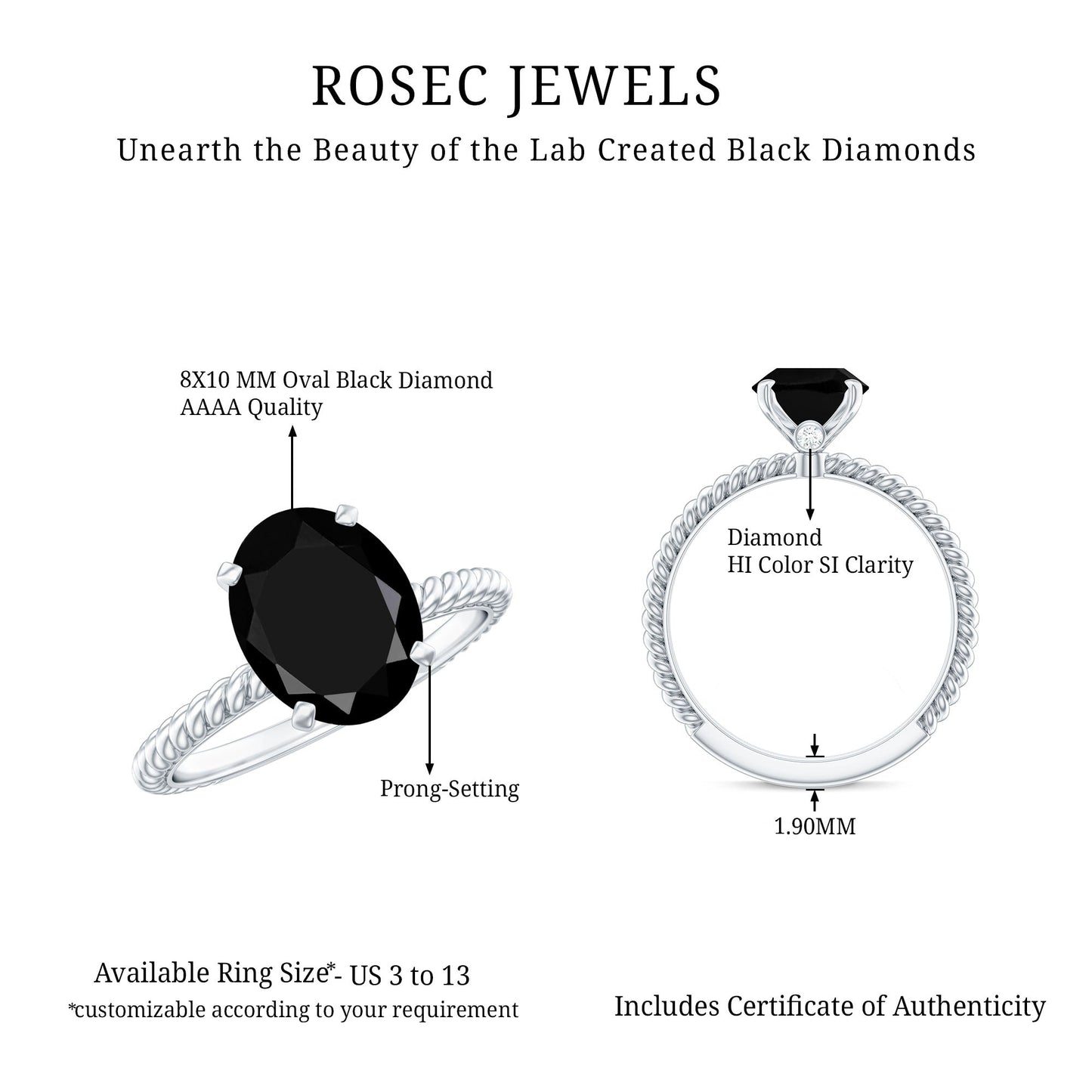 4.2 Carat Oval Lab Grown Black Diamond Solitaire Engagement Ring with Surprise White Diamond