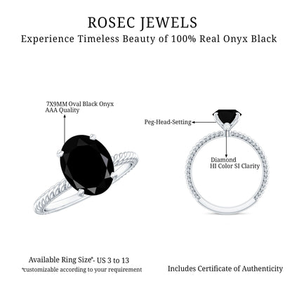 1.7 Carat Oval Cut Black Onyx Solitaire Engagement Ring with Diamond