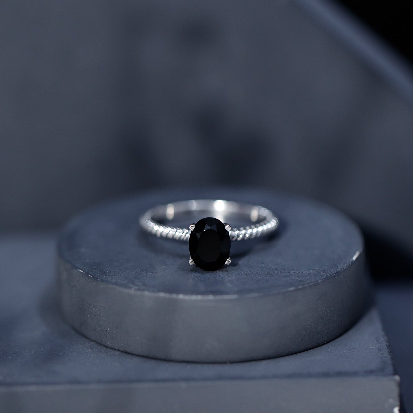 1.7 Carat Oval Cut Black Onyx Solitaire Engagement Ring with Diamond