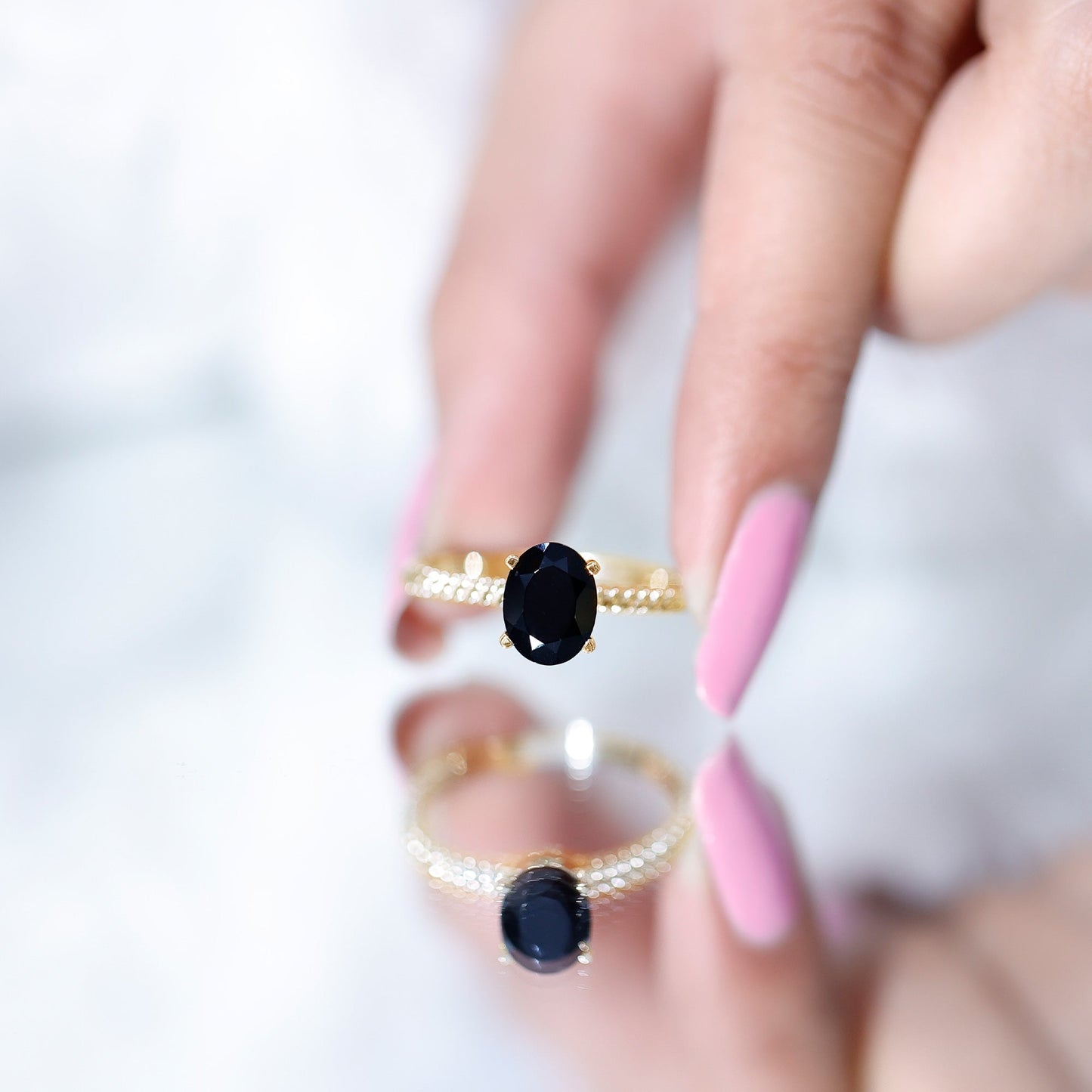 1.7 Carat Oval Cut Black Onyx Solitaire Engagement Ring with Diamond