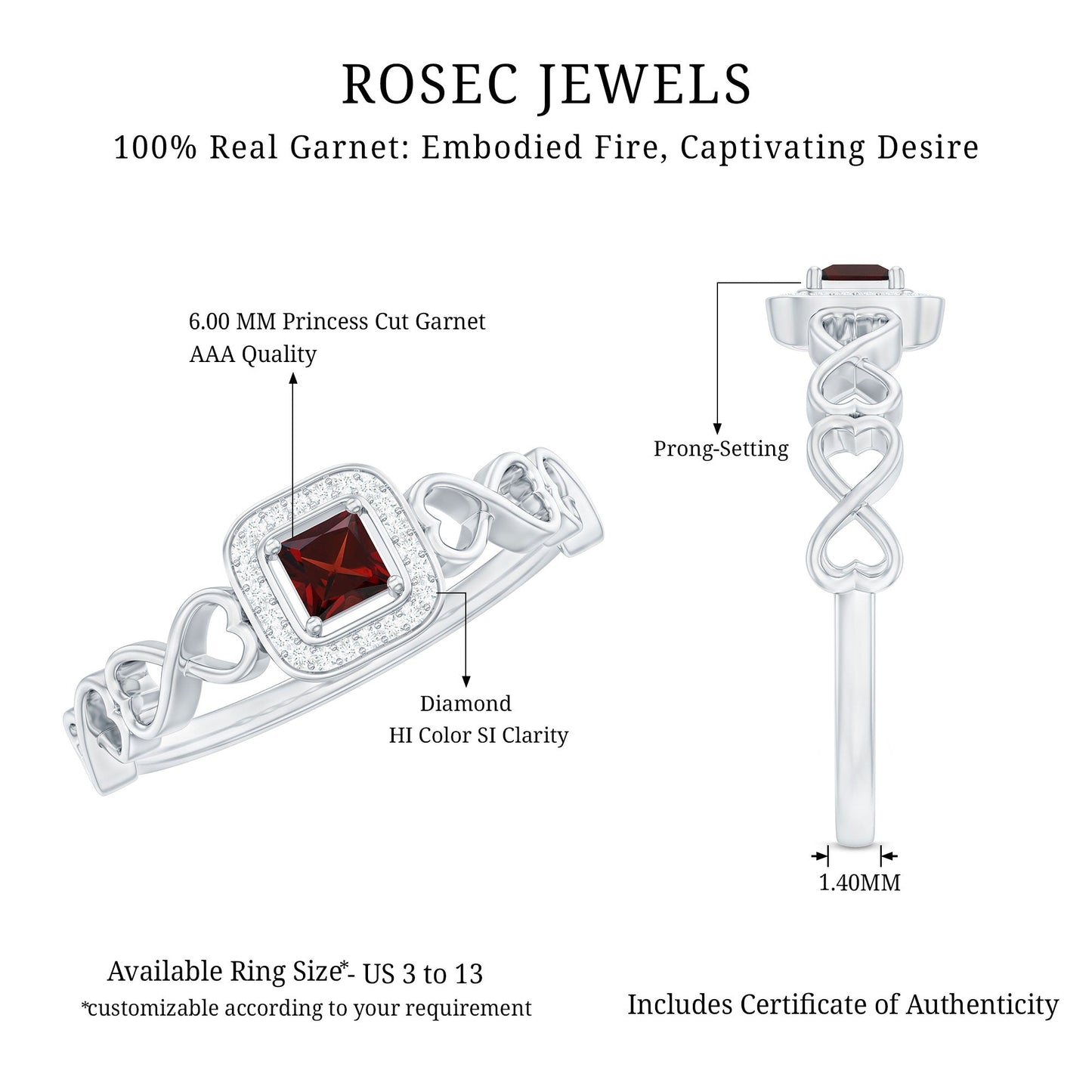 Real Princess Cut Garnet Diamond Engagement Ring with Infinity Heart Shank