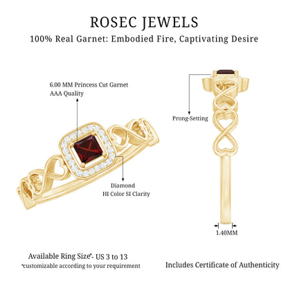 Real Princess Cut Garnet Diamond Engagement Ring with Infinity Heart Shank