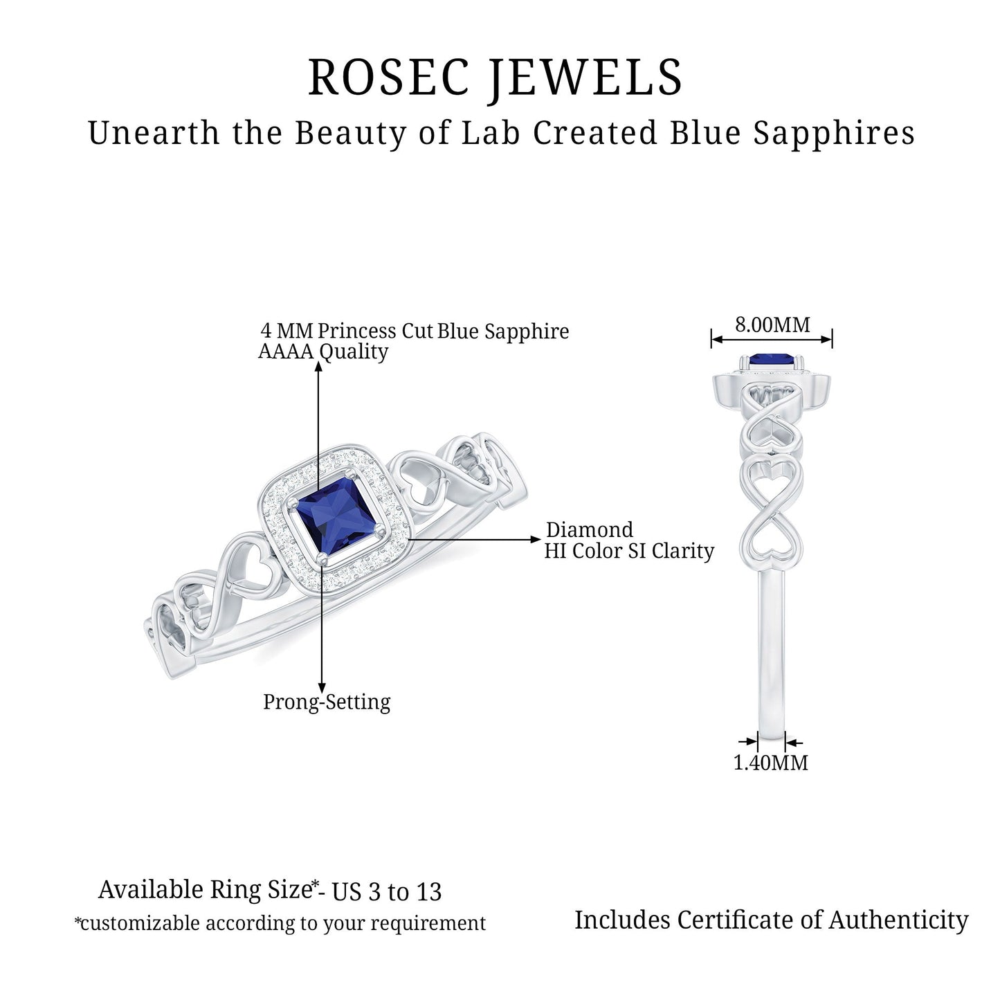 Certified Lab Blue Sapphire Diamond Promise Ring with Infinity Heart Shank