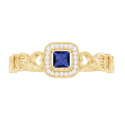 Certified Lab Blue Sapphire Diamond Promise Ring with Infinity Heart Shank