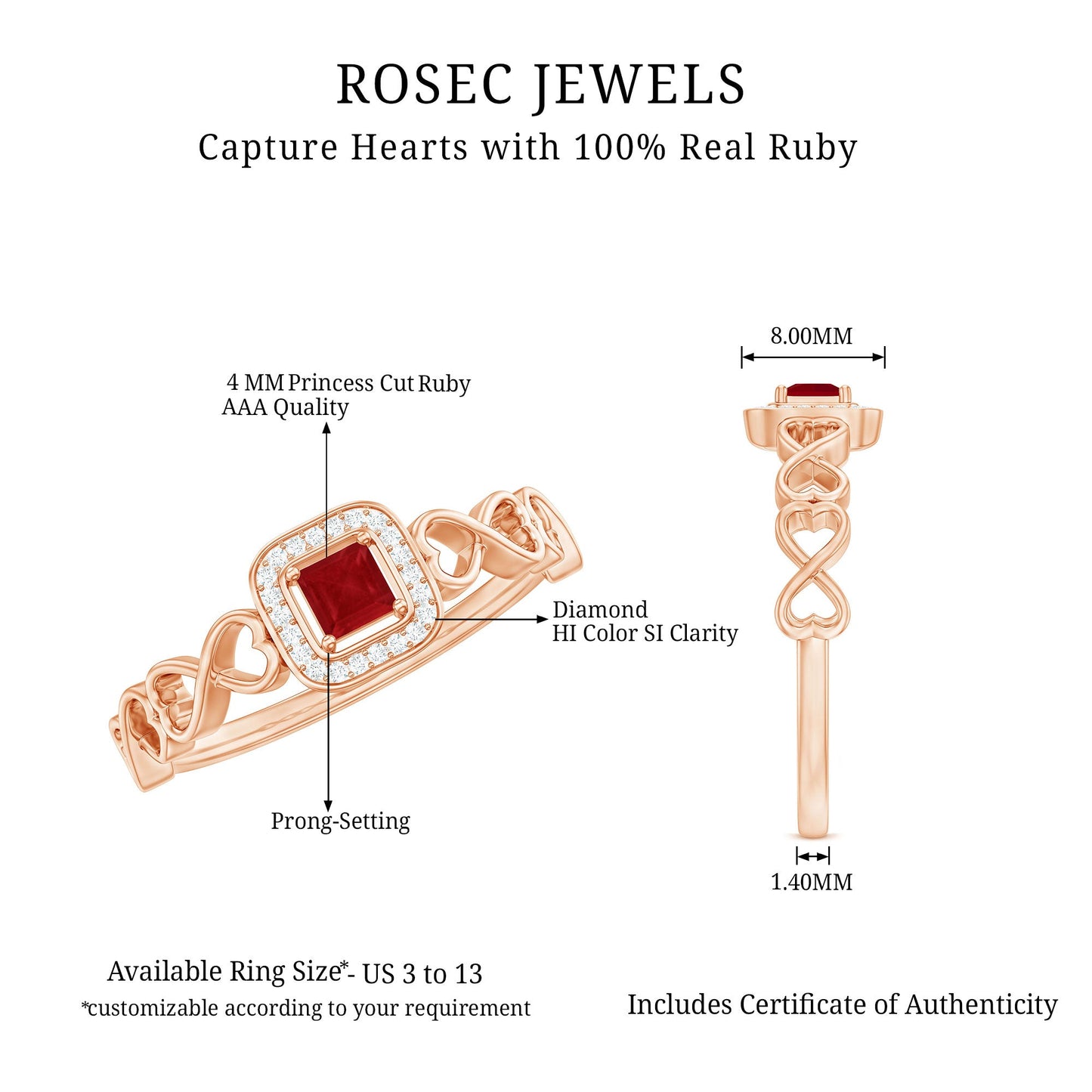 Natural Princess Cut Ruby Diamond Promise Ring with Infinity Shank