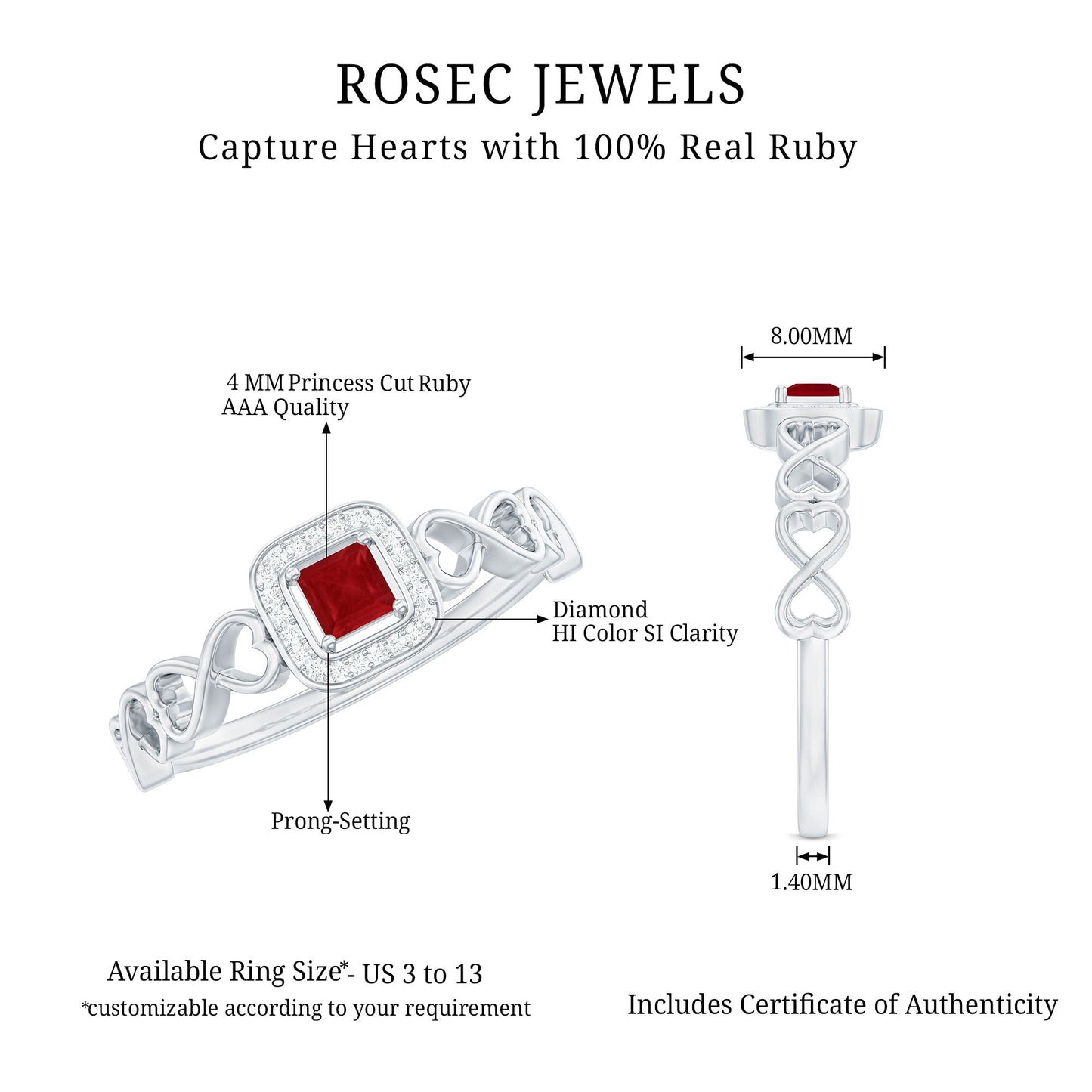 Natural Princess Cut Ruby Diamond Promise Ring with Infinity Shank