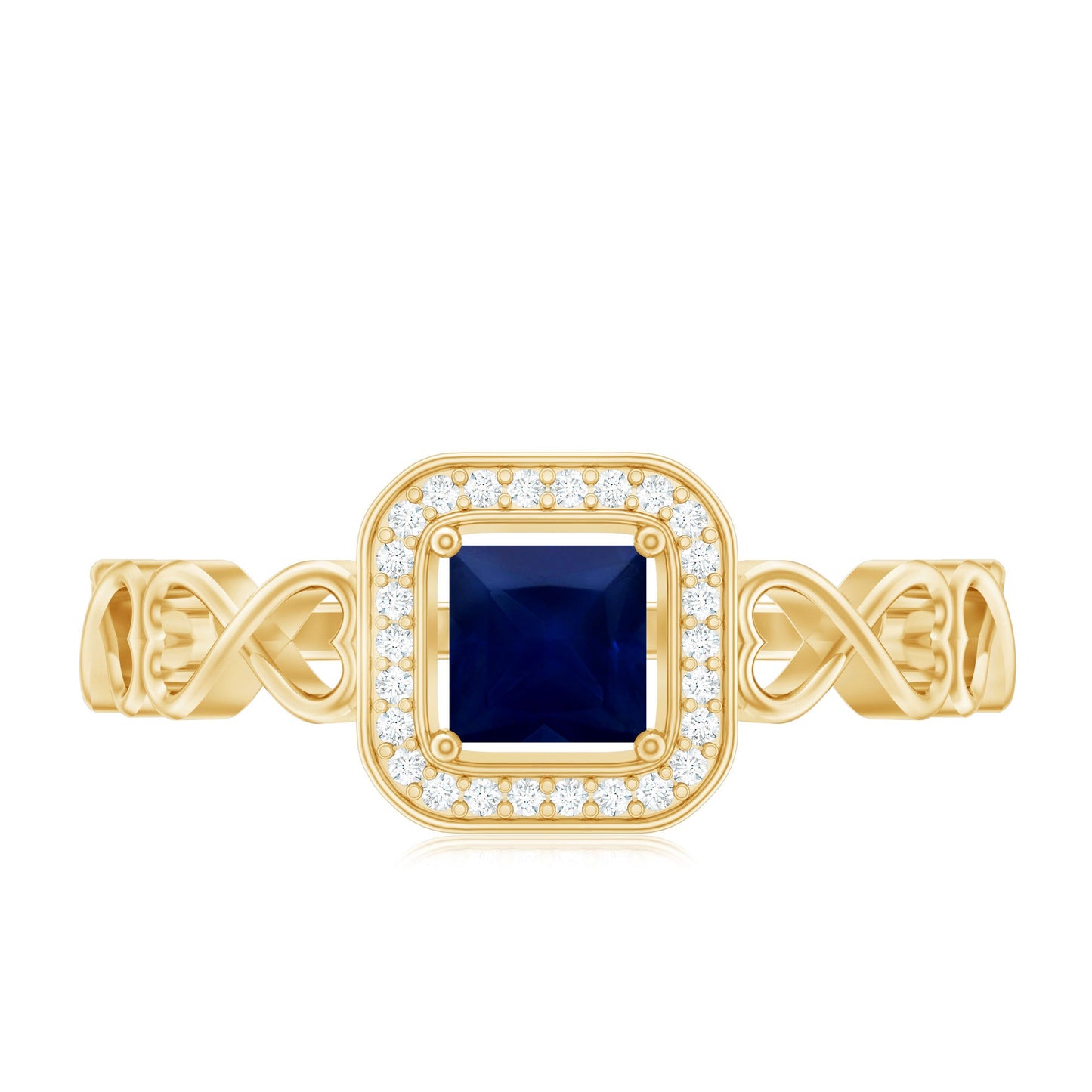 Natural Princess Cut Blue Sapphire Diamond Promise Ring with Infinity Heart Shank